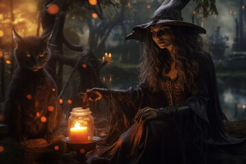 Mystical Halloween Witch: Sorceress with Familiar Cat in Enchanted Woods