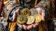 Golden bitcoins in the hands of a medieval aristocrat