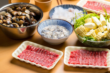 Canvas Print - Homemade hot pot with beef and clam