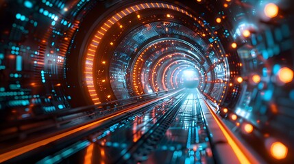 Vibrant and dynamic image of a futuristic tunnel representing the concept of speed and digital connectivity in cyberspace.