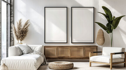 Wall Mural - White Wall Room with Modern Design and Empty Frame, Interior Decor Concept, Stylish Furniture and Space