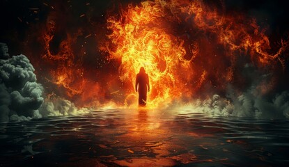 Wall Mural - A person stands in front of a fire, surrounded by flames and smoke