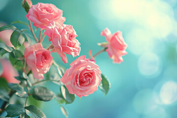 Canvas Print - Beautiful Pink Roses Blooming in Front of a Vibrant Blue Sky with Sparkling Bokeh Background