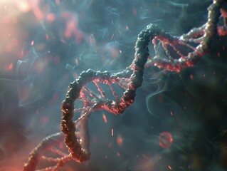 A close up of a DNA strand with a blue background