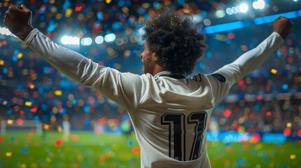 Wall Mural - A soccer player with a number 17 on his jersey is celebrating with confetti