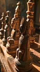 Wall Mural - a row of wooden statues sitting on top of a wooden table