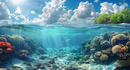 Wall Mural - A beautiful underwater scene with a mountain in the background