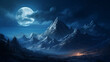 Mystical mountain landscape with a full moon and stars in the night sky.