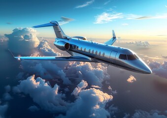 Wall Mural - A silver jet is flying through a cloudy sky