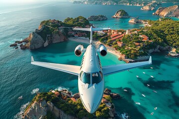 Wall Mural - A small plane is flying over a beautiful island with a blue ocean