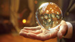 Businessman's Hand Holding Crystal Ball with Financial Symbols