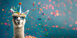 Alpaca on a congratulatory background with confetti