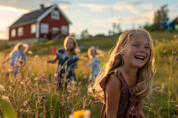 Swedish midsummer feast: Joyful girl laughing in a meadow near a traditional red house at sunset.