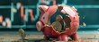 Tight shot on a shattered piggy bank with a financial crisis chart behind, illustrating loss and despair , vibrant