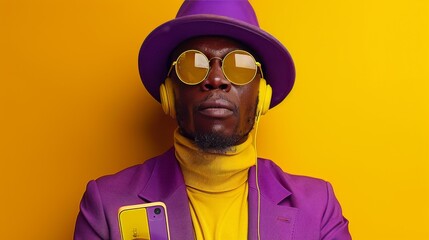 Wall Mural - A man in a purple suit and yellow hat is holding a cell phone