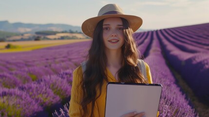 Poster - A woman wearing a straw hat is standing in a field of purple flowers