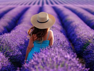 Poster - A woman wearing a straw hat is walking through a field of purple flowers