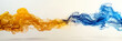 Colorful yellow and blue smoke swirling and merging on white background. 