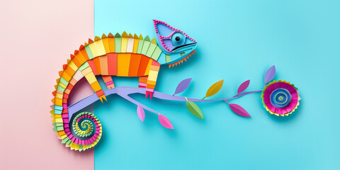 Canvas Print - Colorful paper chameleon on a pink and blue background