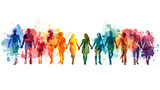 Fototapeta Przestrzenne - Colorful silhouettes of diverse people holding hands, Diversity Equity and Inclusion, modern company background
