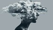 Illustration of mental health concept human silhouette of open mind with clouds covering on with intrusive thoughts disorders against gray background