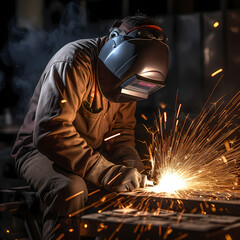 Wall Mural - A close-up of a welder working on metal with sparks flying