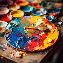 Wall Mural - A close-up of an artists palette with a mix of vivid colours