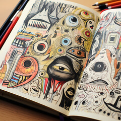 Poster - A close-up of an artists sketchbook filled with doodles