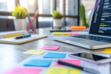 Focused workspace with an open laptop, colorful sticky notes, and office supplies.