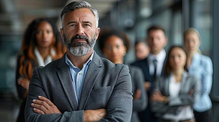 Wall Mural - Successful Team of Diverse Business Professionals Led by Middle-Aged Man with Folded Arms