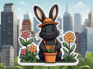 Wall Mural - Cute black rabbit wearing a hat gardening in the city with tall buildings, caring for the environment