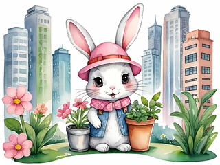 Cute rabbit wearing a hat gardening in the city with tall buildings, caring for the environment