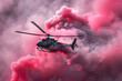 Helicopter with pink smoke flying in the sky for a special event of a baby's sex reveal. Impressive holiday pink smoke powder flight for parents to share a news. Pink smoke-powder. Bomb-Pink