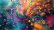 A cascade of vividly colored particles forming intricate structures in a mesmerizing abstract fluid background.