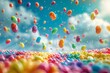 Rainbow jelly beans raining over a candy land, sweet dreamscape