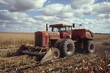 © Q-Zack - Old rusty red tractor on the wheat field. Agricultural equipment, farming and harvesting concept. Landscape view for wallpaper, poster, presentation