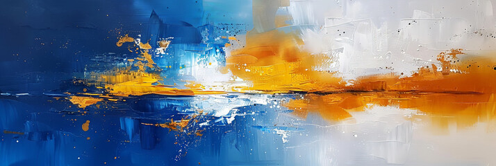 Canvas Print - Abstract Blue and Gold Painting, oil painting, modern art, contemporary abstract painting, yellow white blue pallet knife paint on canvas wall art background