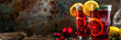 horizontal banner, citrus cocktail decorated in honor of the National Day of Turkey, iced drink, red Christmas balls, copy space, free space for text