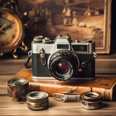 Sticker - Vintage camera and film rolls on a wooden table.