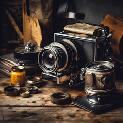 Sticker - Vintage camera and film rolls on a wooden table.