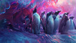 A group of penguins waddling in a mesmerizing abstract fluid background.