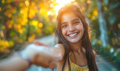 Girl teen smiling and reach her hand. Help Touch Care Support be a Good Friend with Love concept 