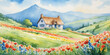 a watercolor painting of a house in a field of flowers, 
