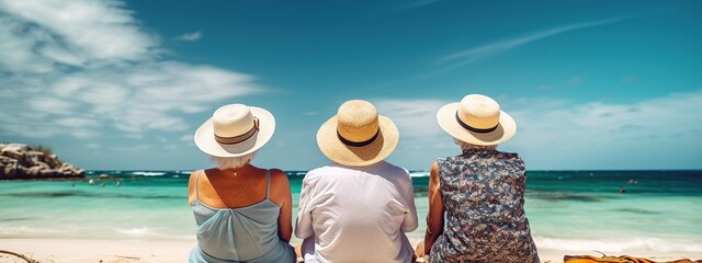 Happy elderly friends sit on the beach near the ocean, cruise ship as a background, trend for individuality, magazine photography, professional color grading, generative Ai 