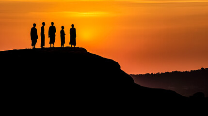 Wall Mural - A group of people are standing on a hillside at sunset. The silhouettes of the people are cast against the orange sky, creating a serene and peaceful atmosphere