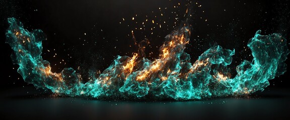 abstract teal fire particles with embers and sparkson plain black background from generative ai