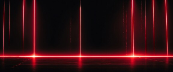 Wall Mural - Bright red flare rays of neon lights on plain black background from Generative AI
