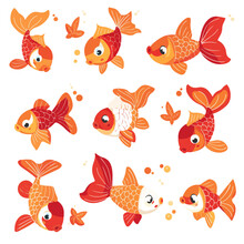 A Playful Array Of Goldfish Illustrations, Each With Unique Expressions And Patterns, Swimming Among Delicate Bubbles And Soft Orange Motifs.
