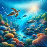 Fototapeta Do akwarium - world ocean day or World Oceans Day, 8 June. Let's save our oceans. World oceans day design with underwater ocean, dolphin, shark, coral, sea plants, stingray and turtle.