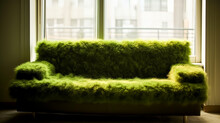 A Green Couch Covered In Fur Sits On A Grassy Lawn. The Couch Is Covered In Green Fur And He Is A Large, Fluffy Piece Of Furniture. Concept Of Comfort And Relaxation, As The Couch Is Inviting